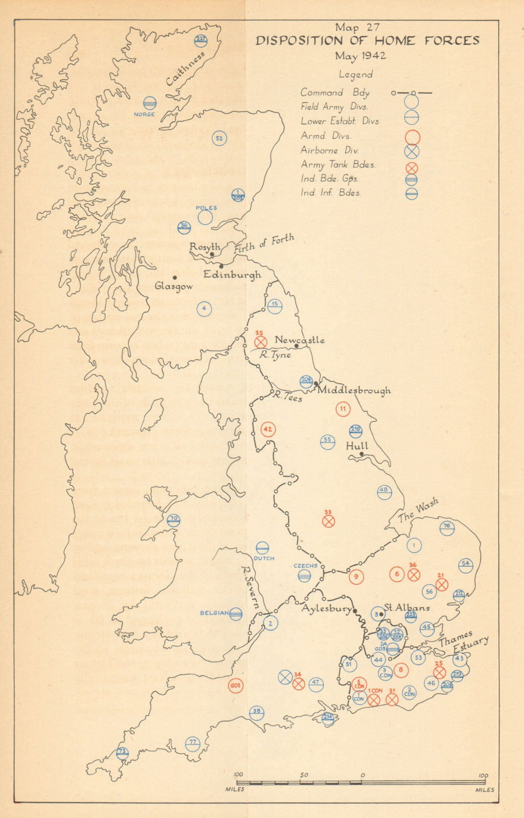 Disposition of Home Forces Spring 1942. Uk defence. World War 2 1957 old map